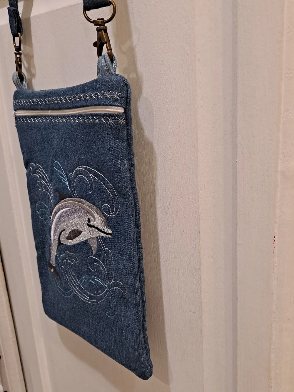 Artisan Handmade Upcycled Denim Dolphin Embroidered Crossbody Bag - Blue